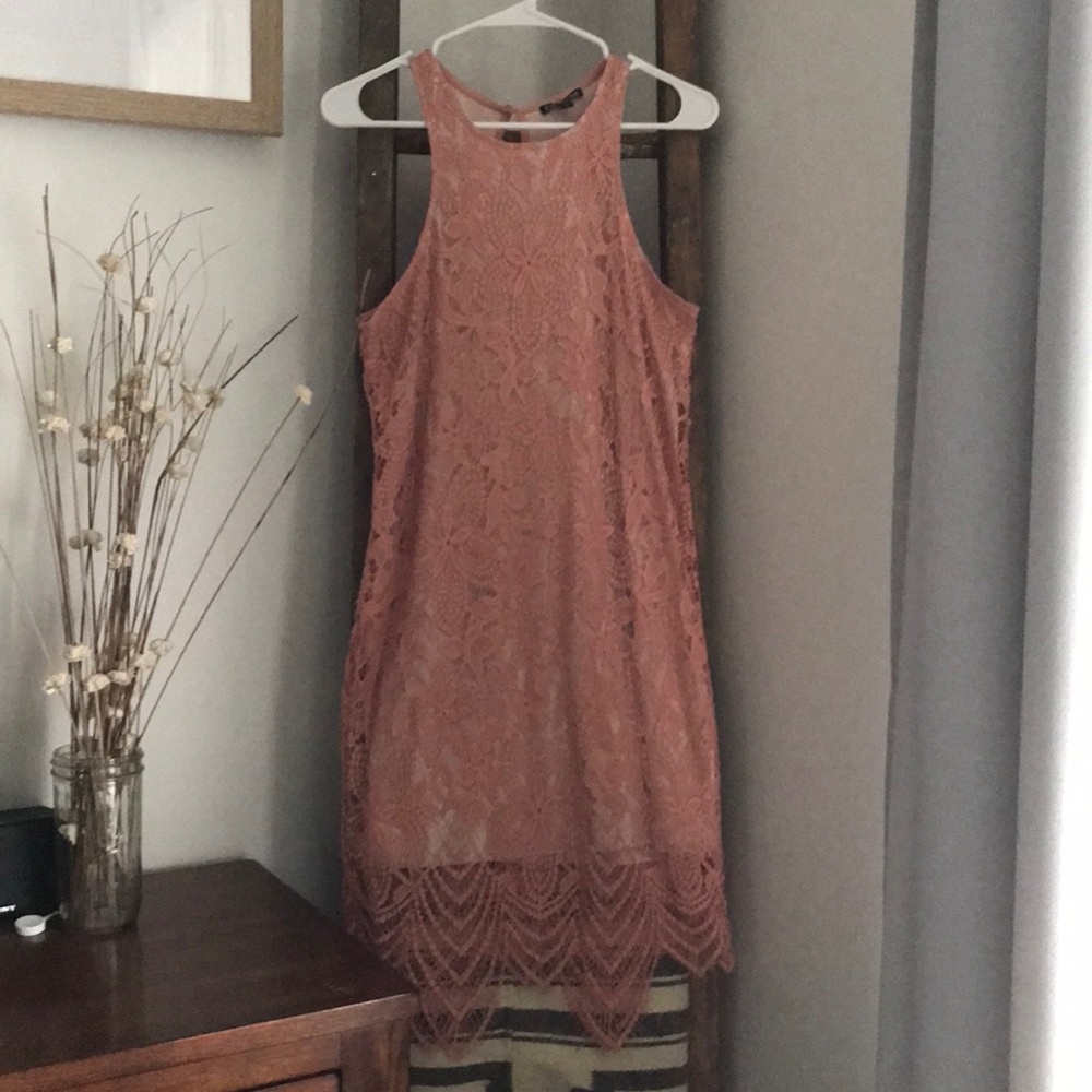 Peach colored lace detail dress